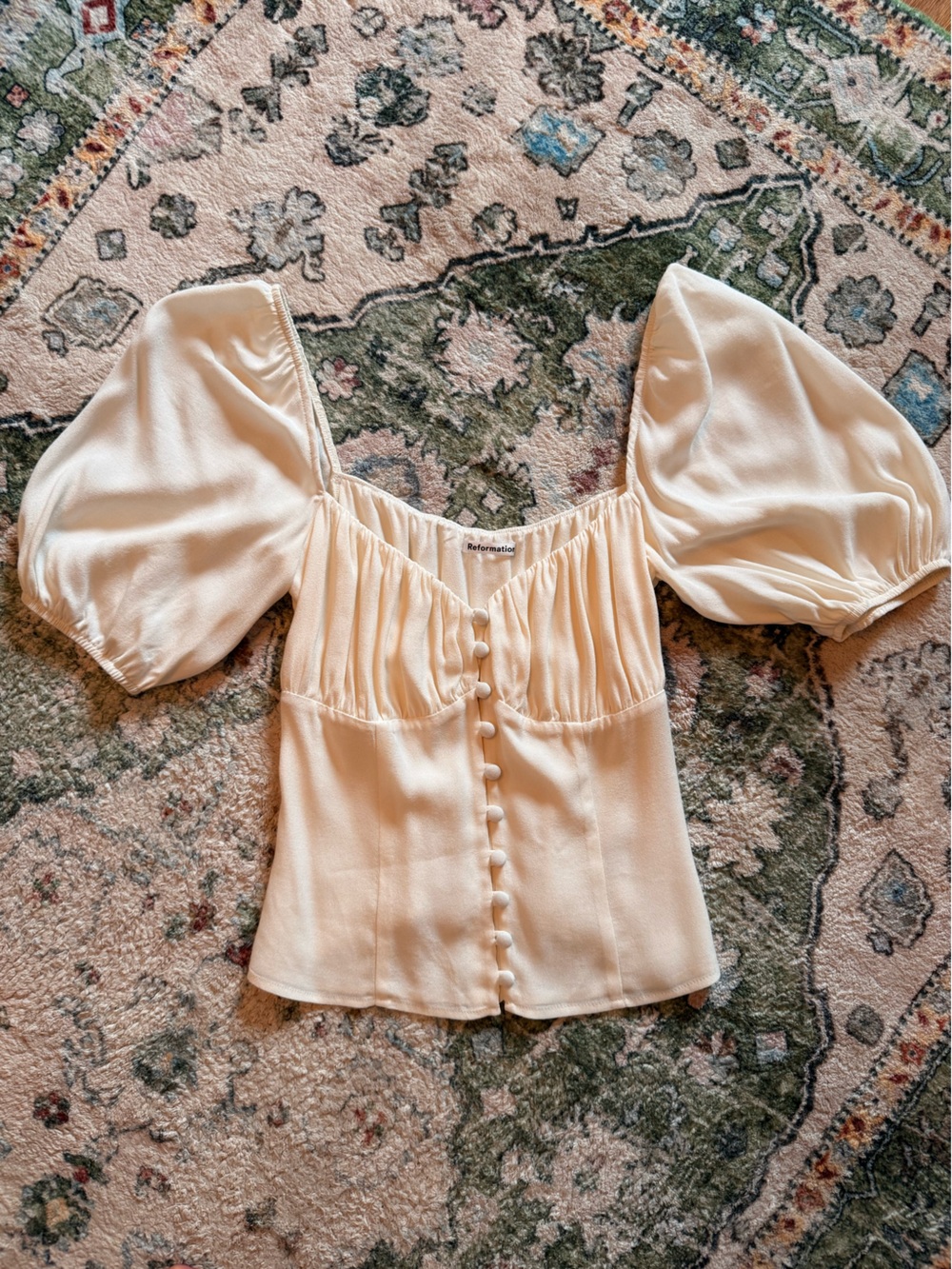 Reformation Cream Button-Front Puff Sleeve Blouse